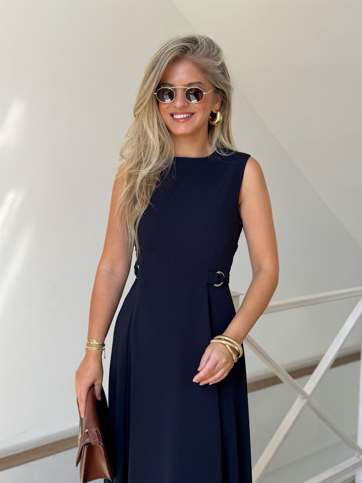 Süs Kemer Detaylı Midi Boy Elbise - Lacivert 