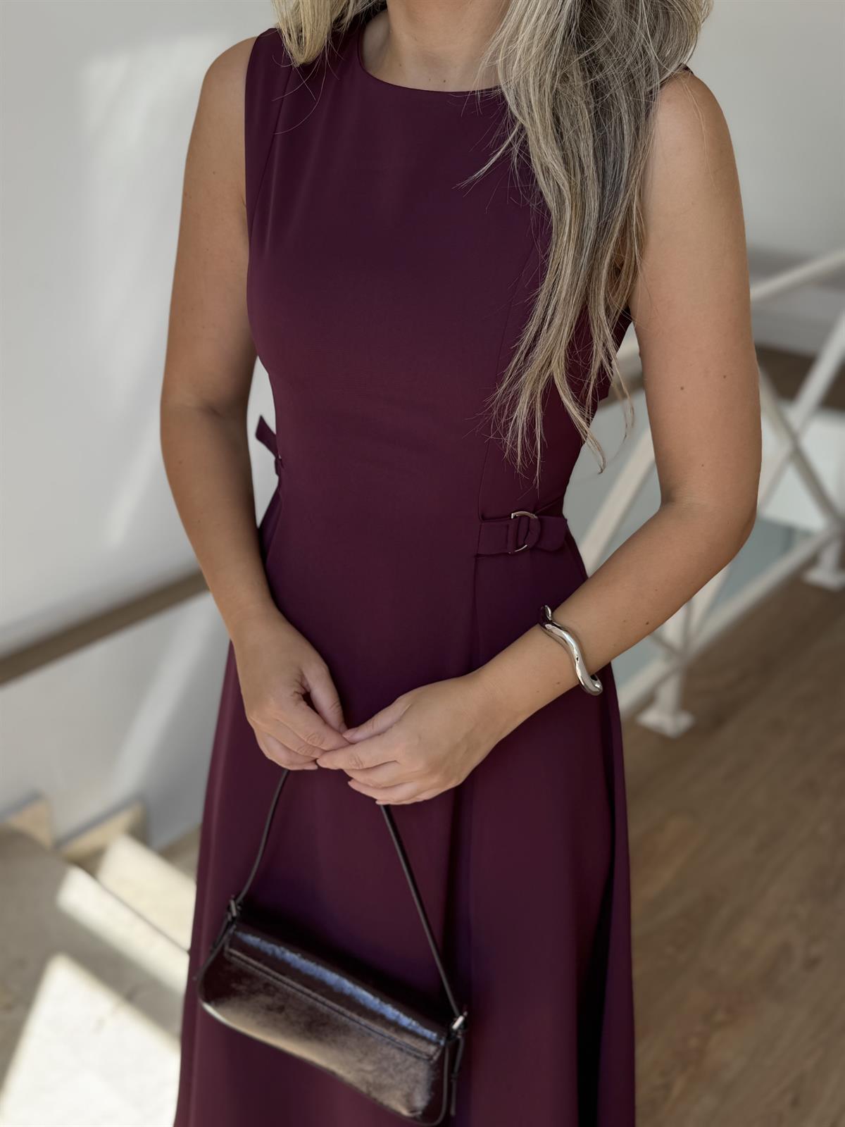 Süs Kemer Detaylı Midi Boy Elbise - Mürdüm