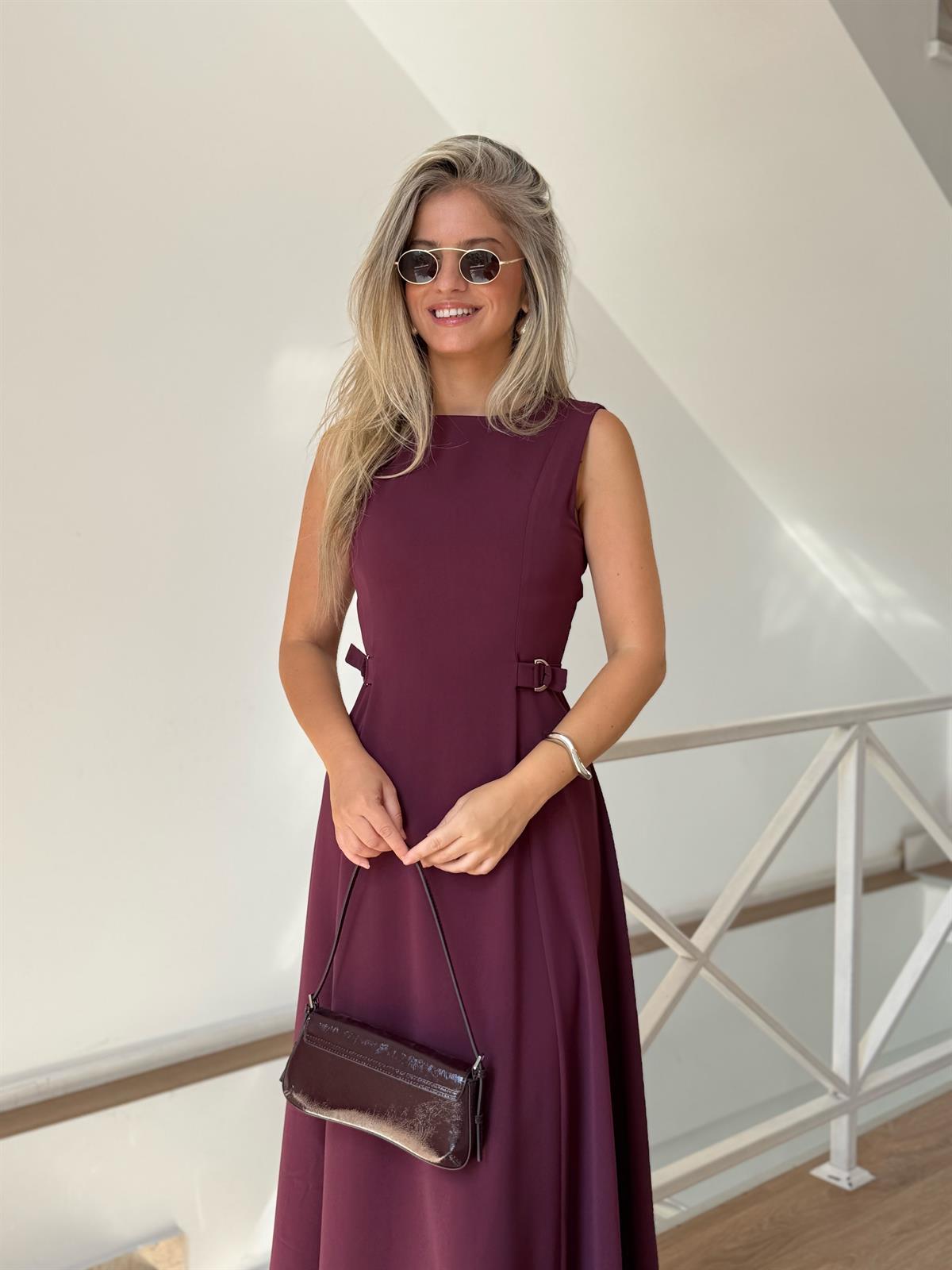 Süs Kemer Detaylı Midi Boy Elbise - Mürdüm