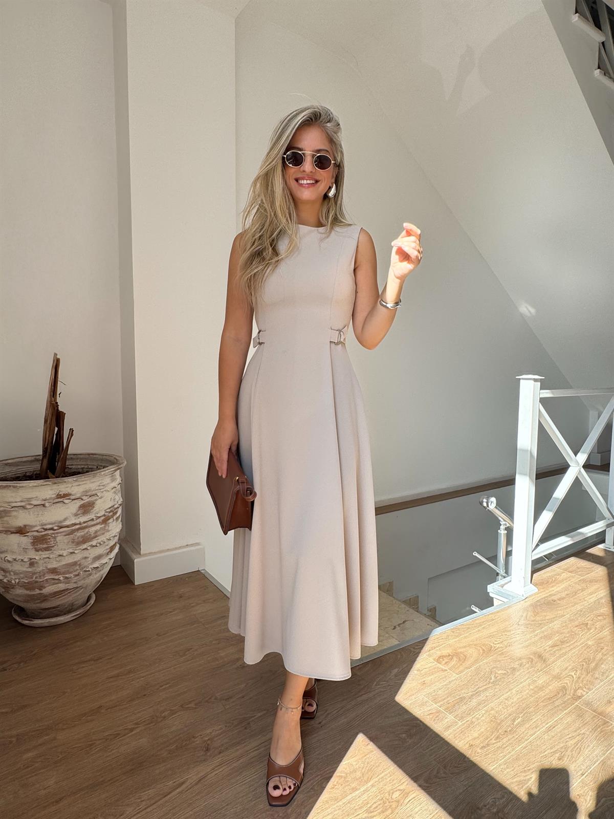 Süs Kemer Detaylı Midi Boy Elbise - Taş