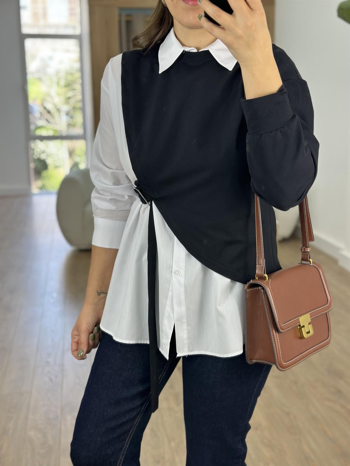 Sweat Detaylı Yandan Kemerli Poplin Gömlek