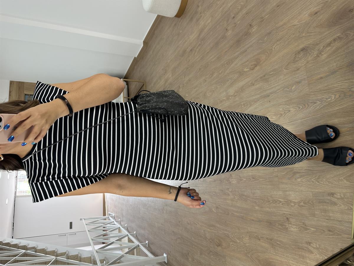 T Kol Full Likralı Fitilli Çizgili Elbise