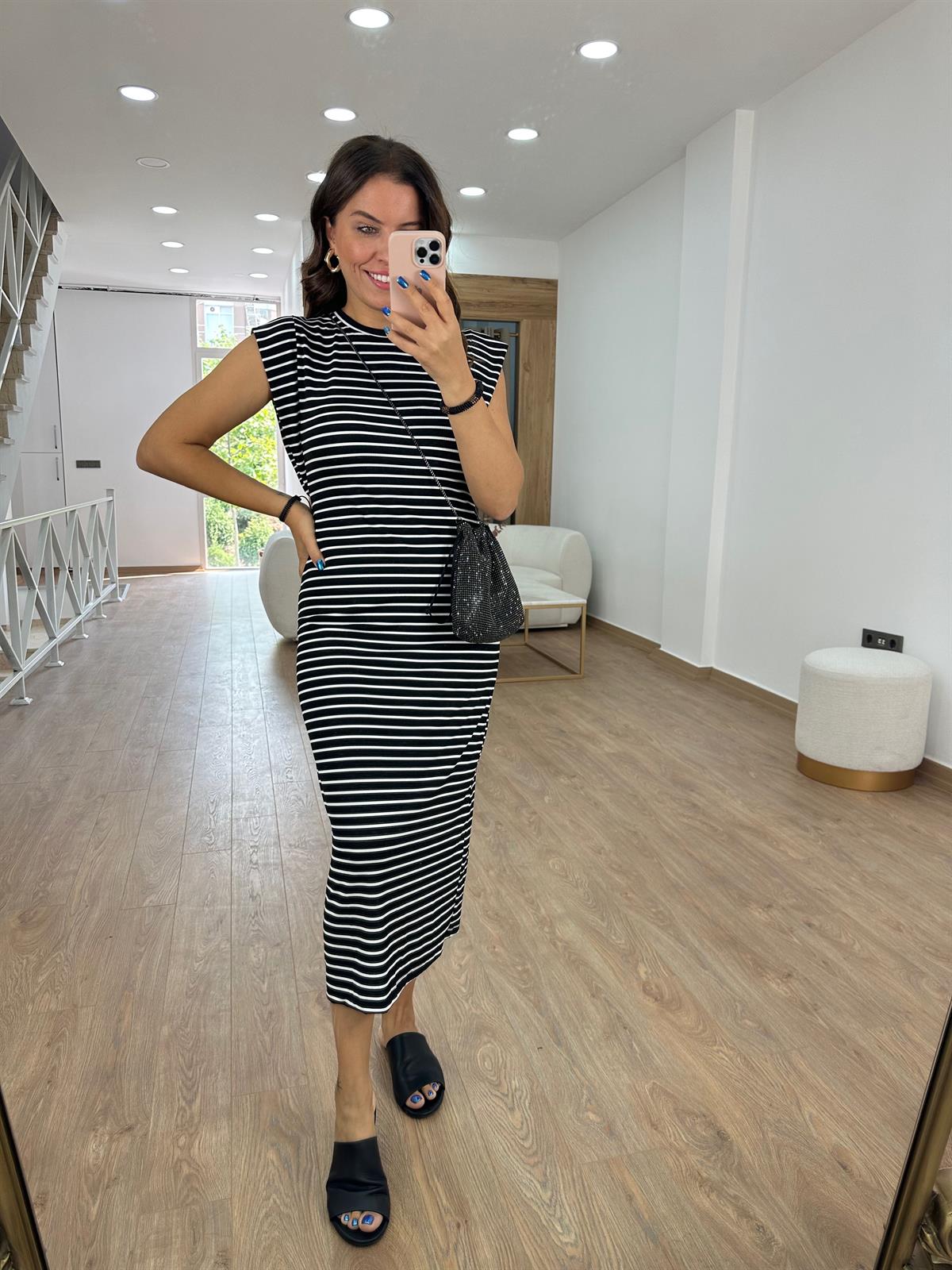 T Kol Full Likralı Fitilli Çizgili Elbise