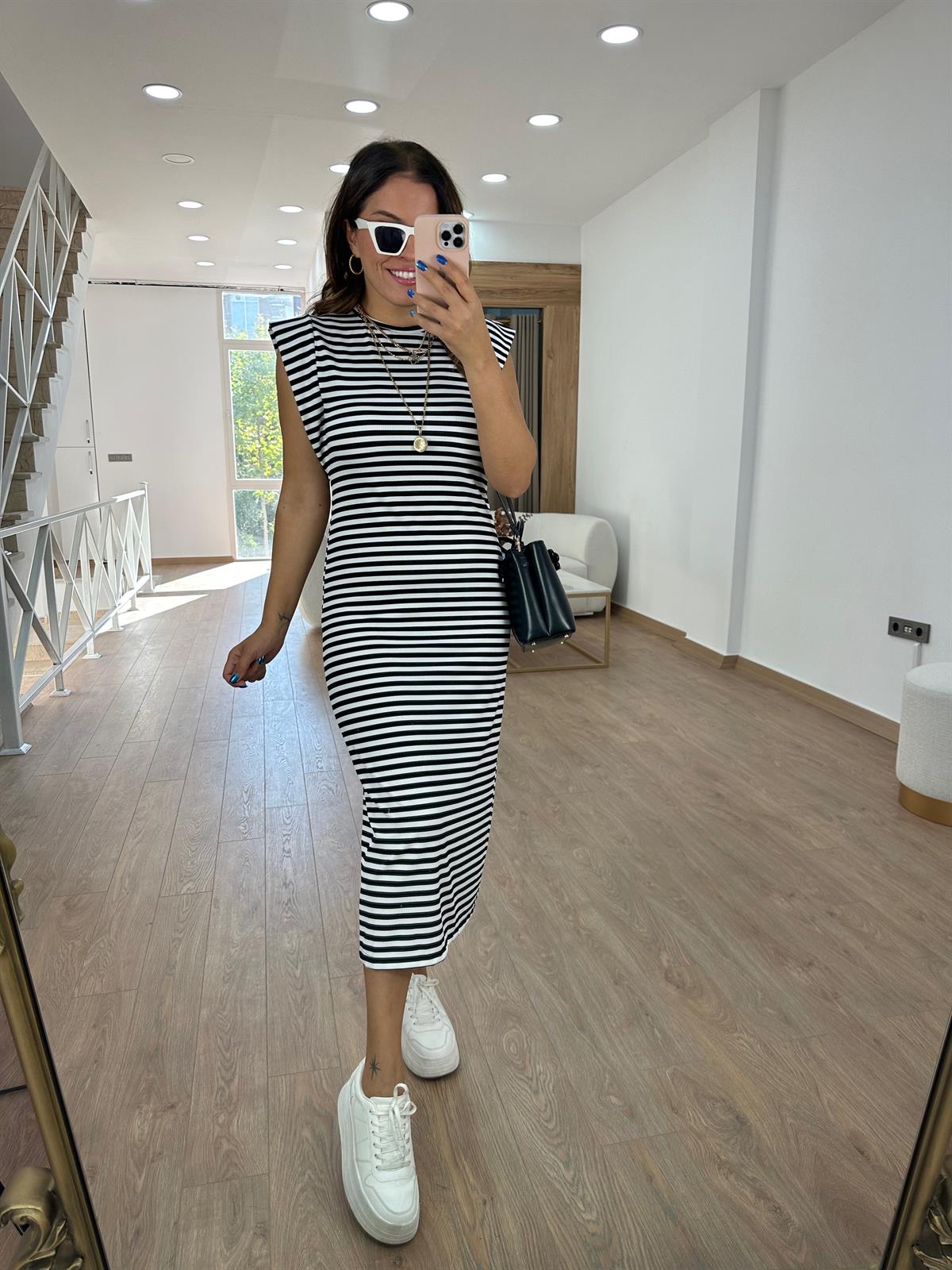 T Kol Full Likralı Fitilli Çizgili Elbise-Beyaz