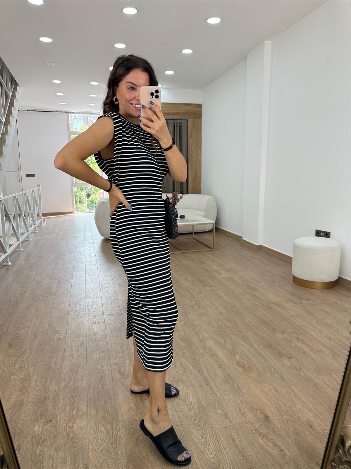 T Kol Full Likralı Fitilli Çizgili Elbise