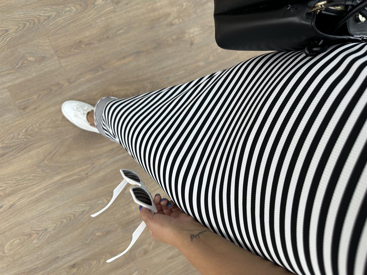 T Kol Full Likralı Fitilli Çizgili Elbise-Beyaz