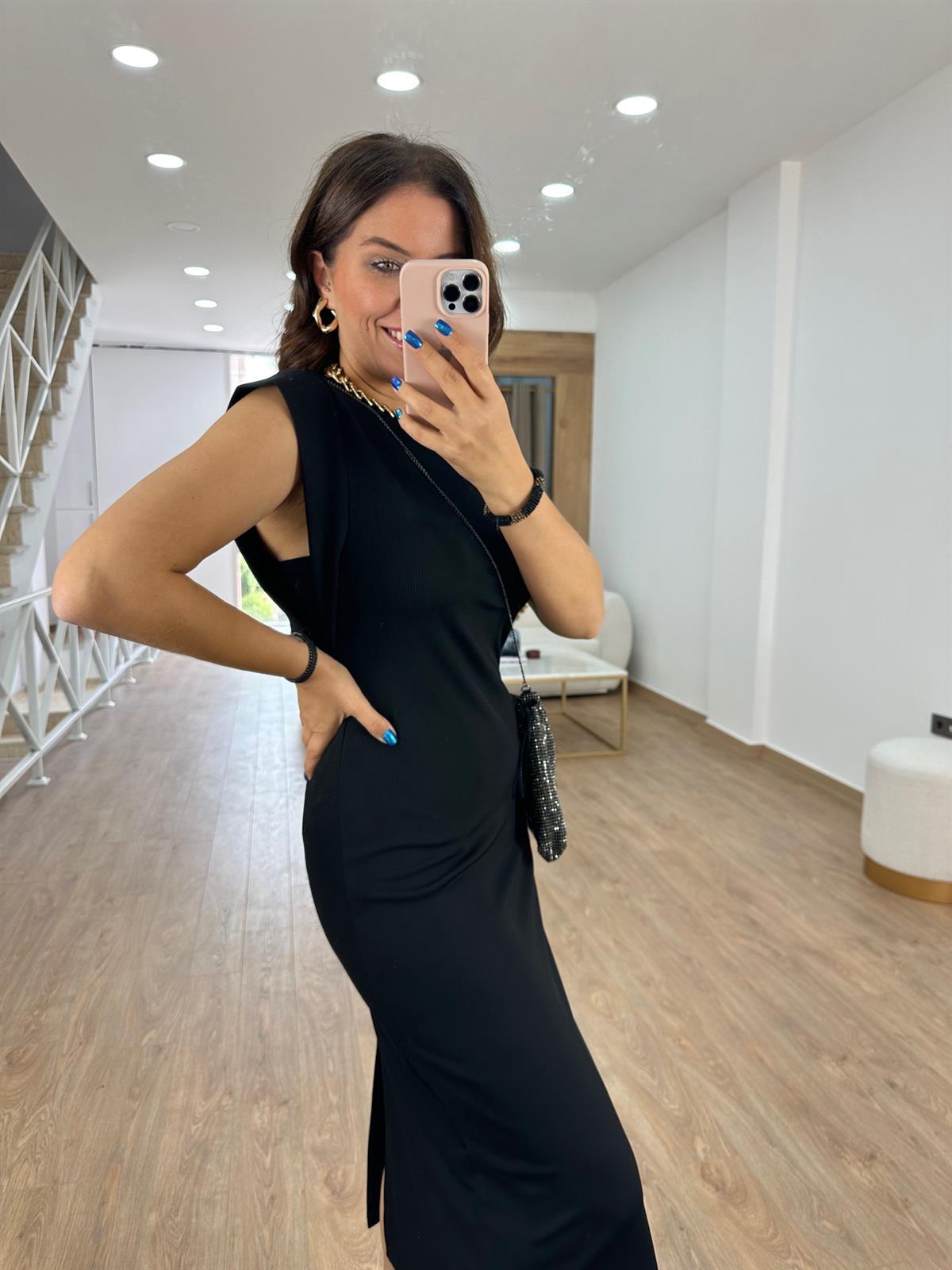 T Kol Full Likralı Fitilli Elbise-Siyah