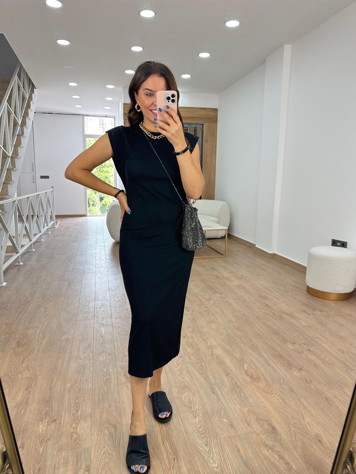 T Kol Full Likralı Fitilli Elbise-Siyah