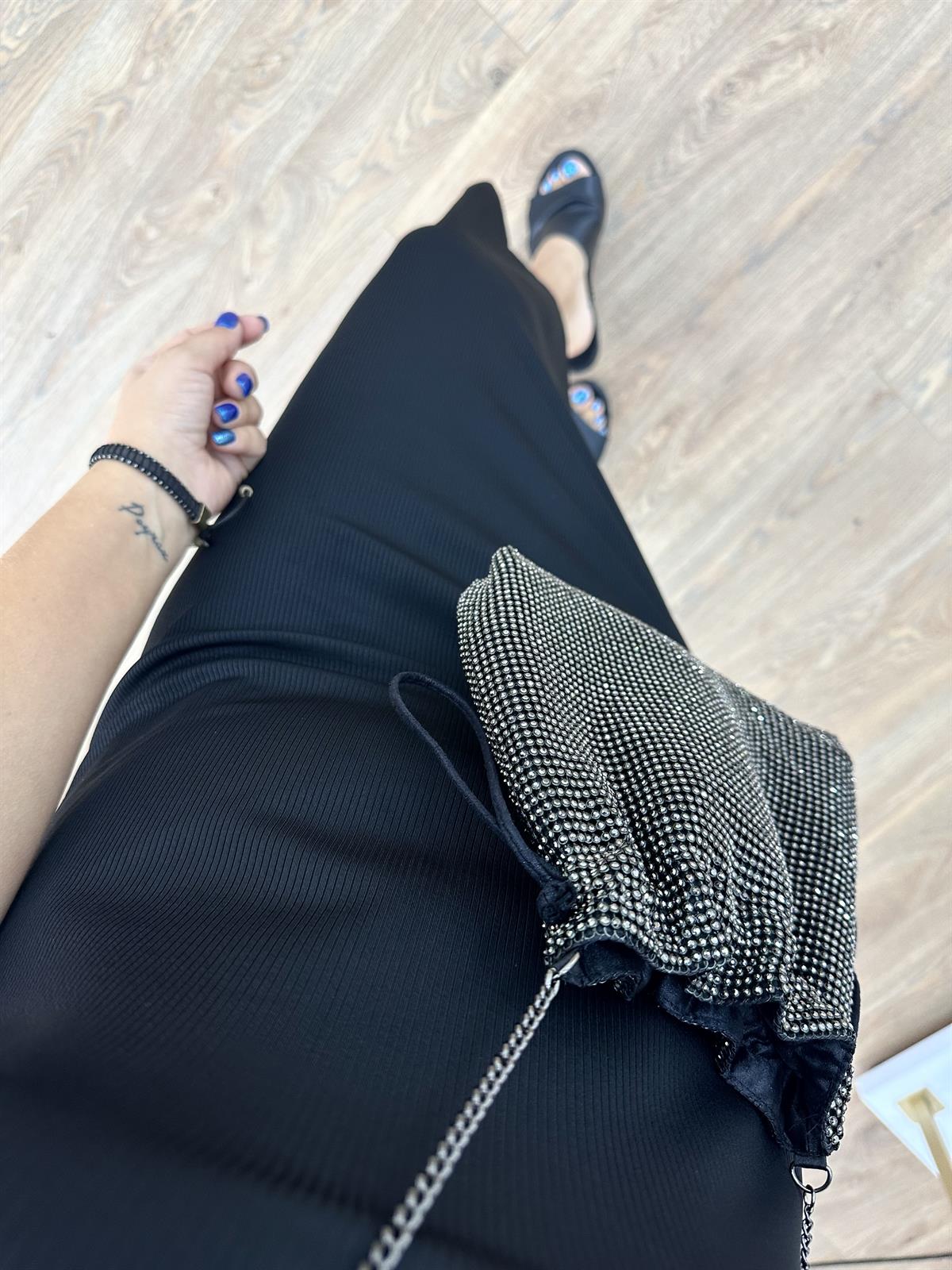 T Kol Full Likralı Fitilli Elbise-Siyah