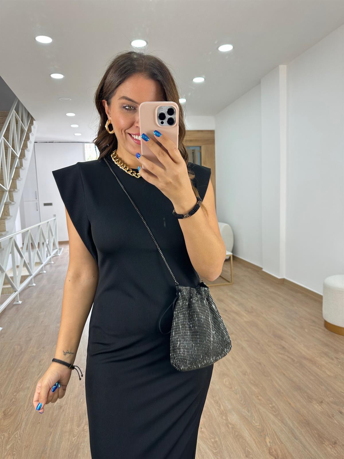 T Kol Full Likralı Fitilli Elbise-Siyah