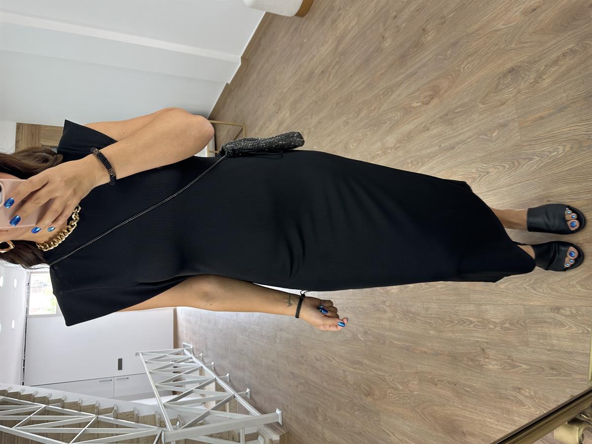 T Kol Full Likralı Fitilli Elbise-Siyah