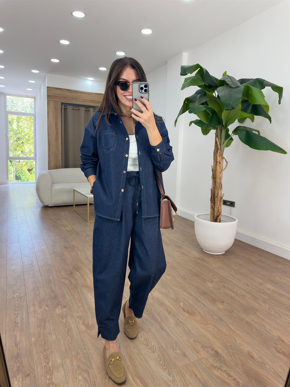 Taba Dikişli Denim Gömlek