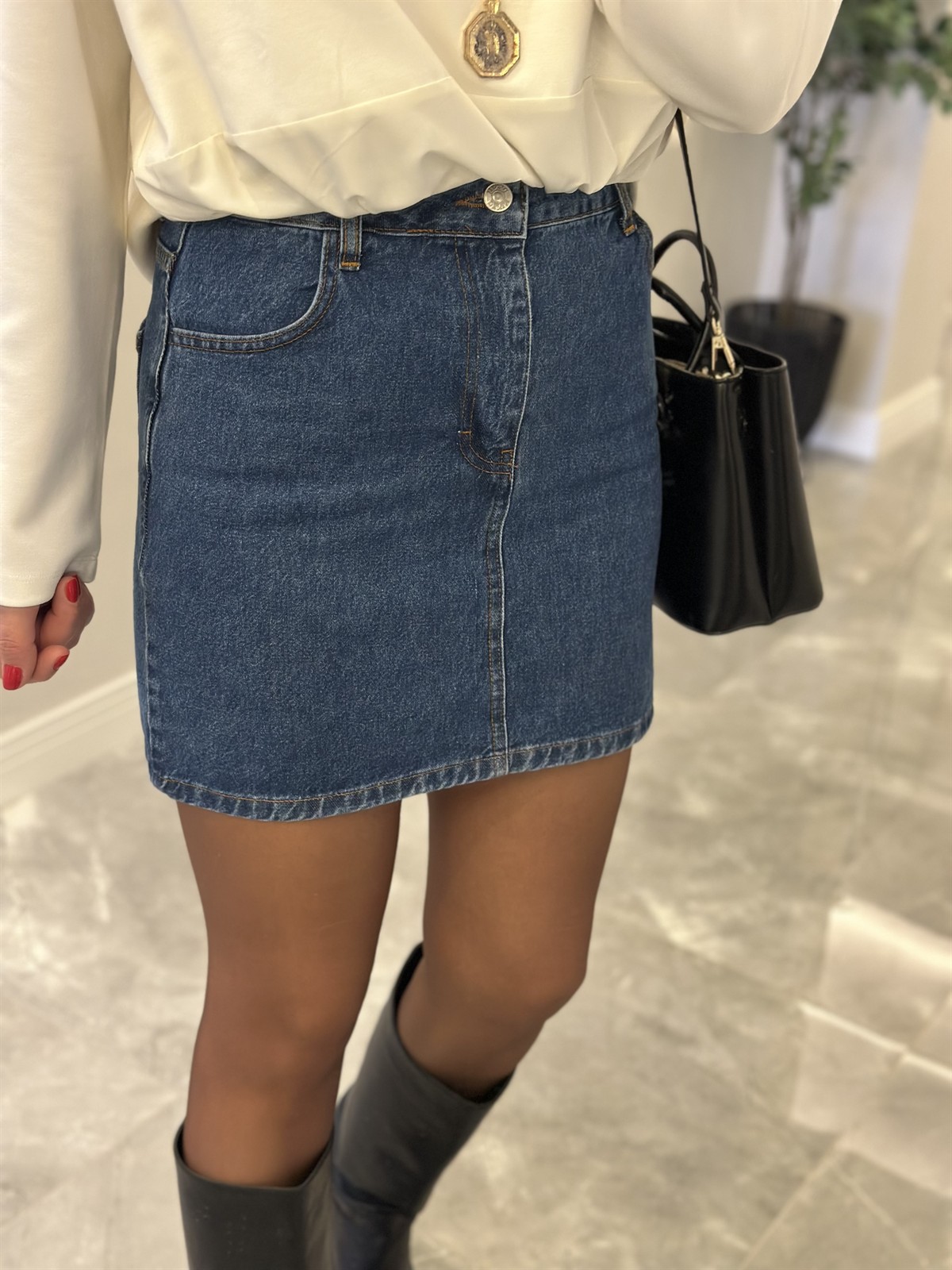 Taba Dikişli Mini Denim Etek