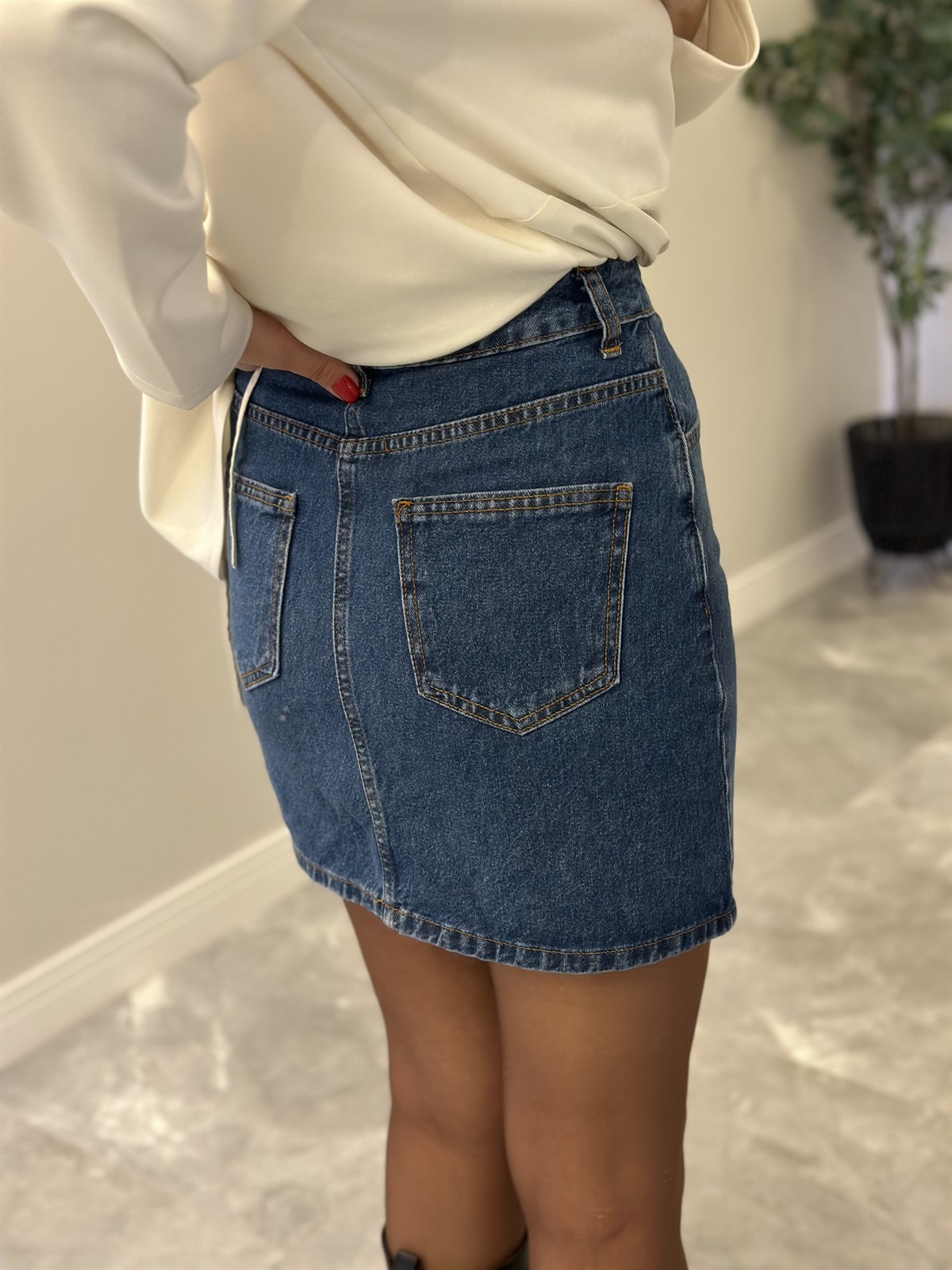 Taba Dikişli Mini Denim Etek