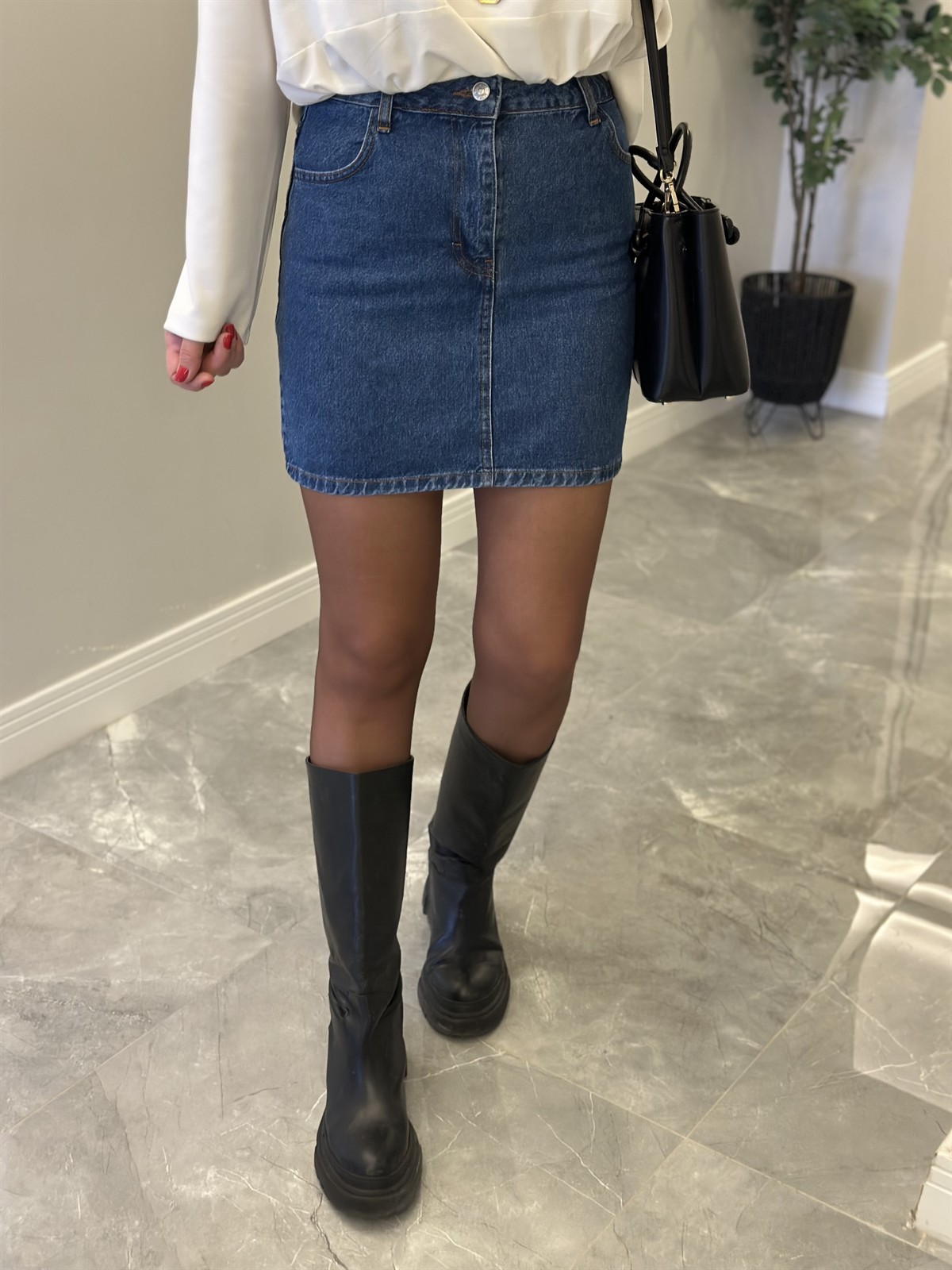 Taba Dikişli Mini Denim Etek