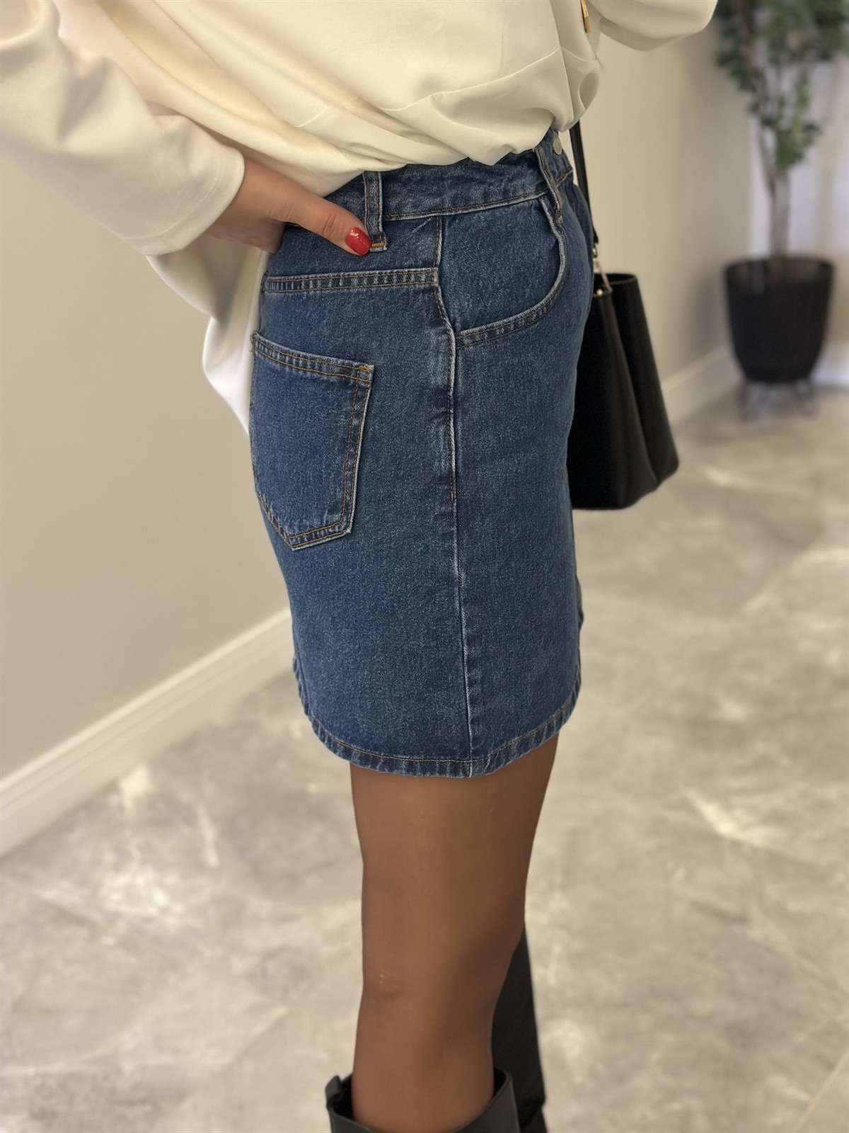 Taba Dikişli Mini Denim Etek