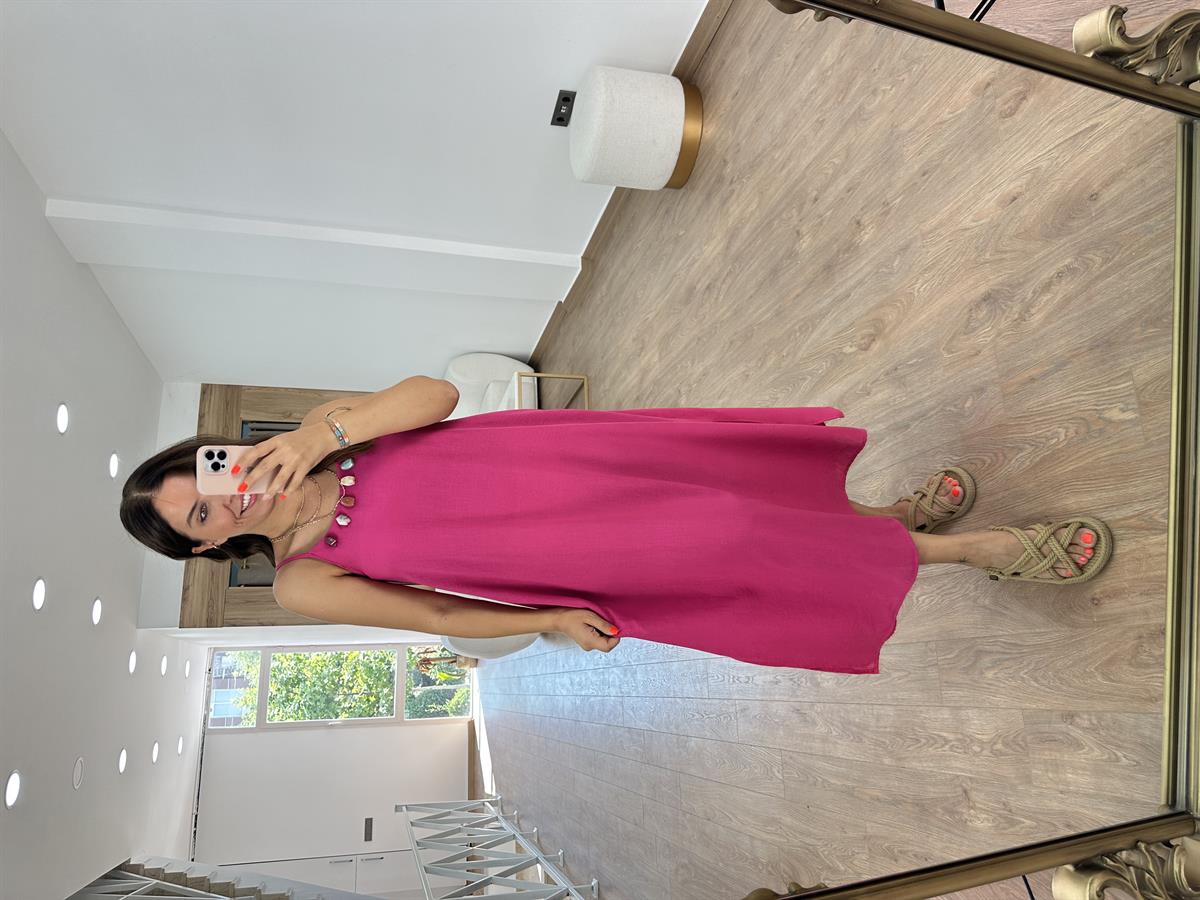 Taş Detaylı Askılı Keten Elbise-Fuşya