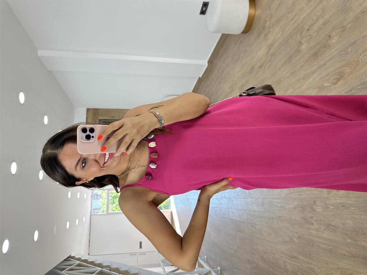 Taş Detaylı Askılı Keten Elbise-Fuşya