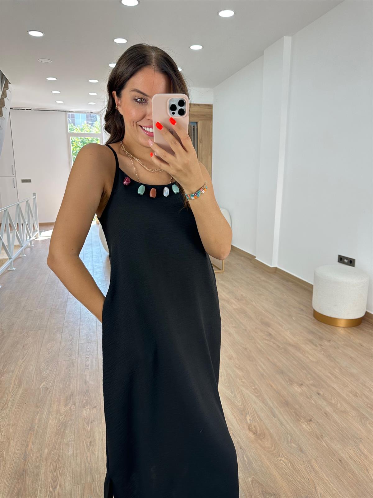 Taş Detaylı Askılı Keten Elbise-Siyah