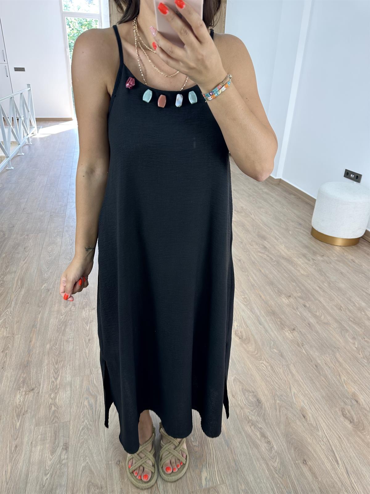 Taş Detaylı Askılı Keten Elbise-Siyah