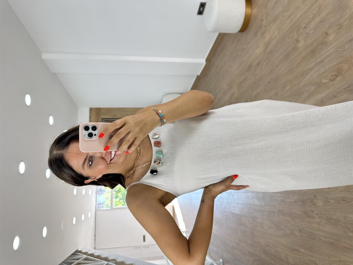 Taş Detaylı Askılı Keten Elbise-Taş