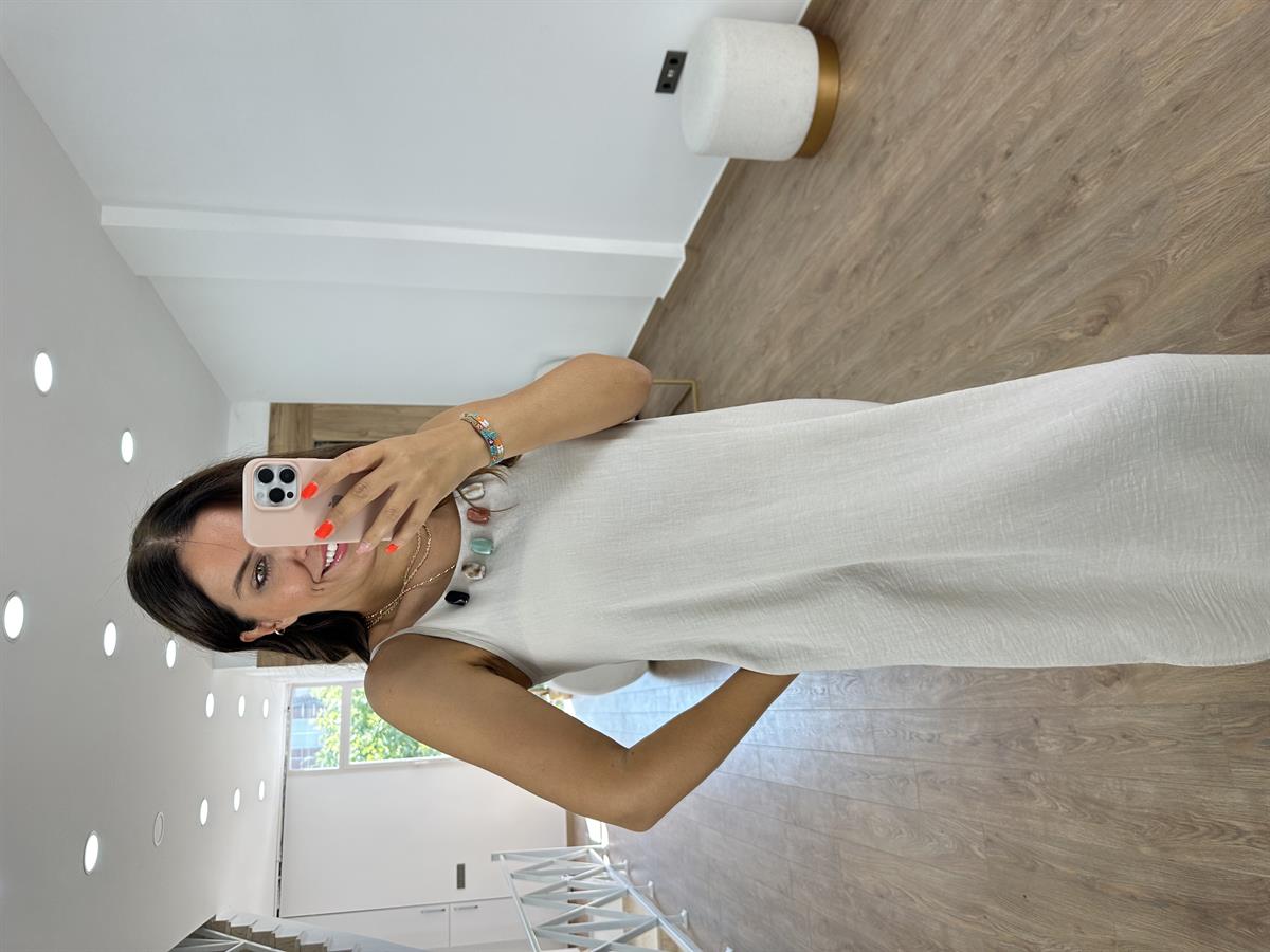 Taş Detaylı Askılı Keten Elbise-Taş