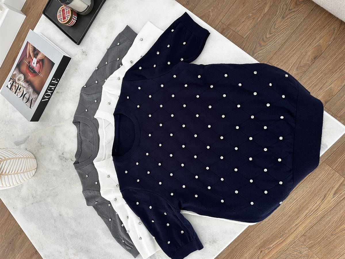 Taş Detaylı Triko - Beyaz