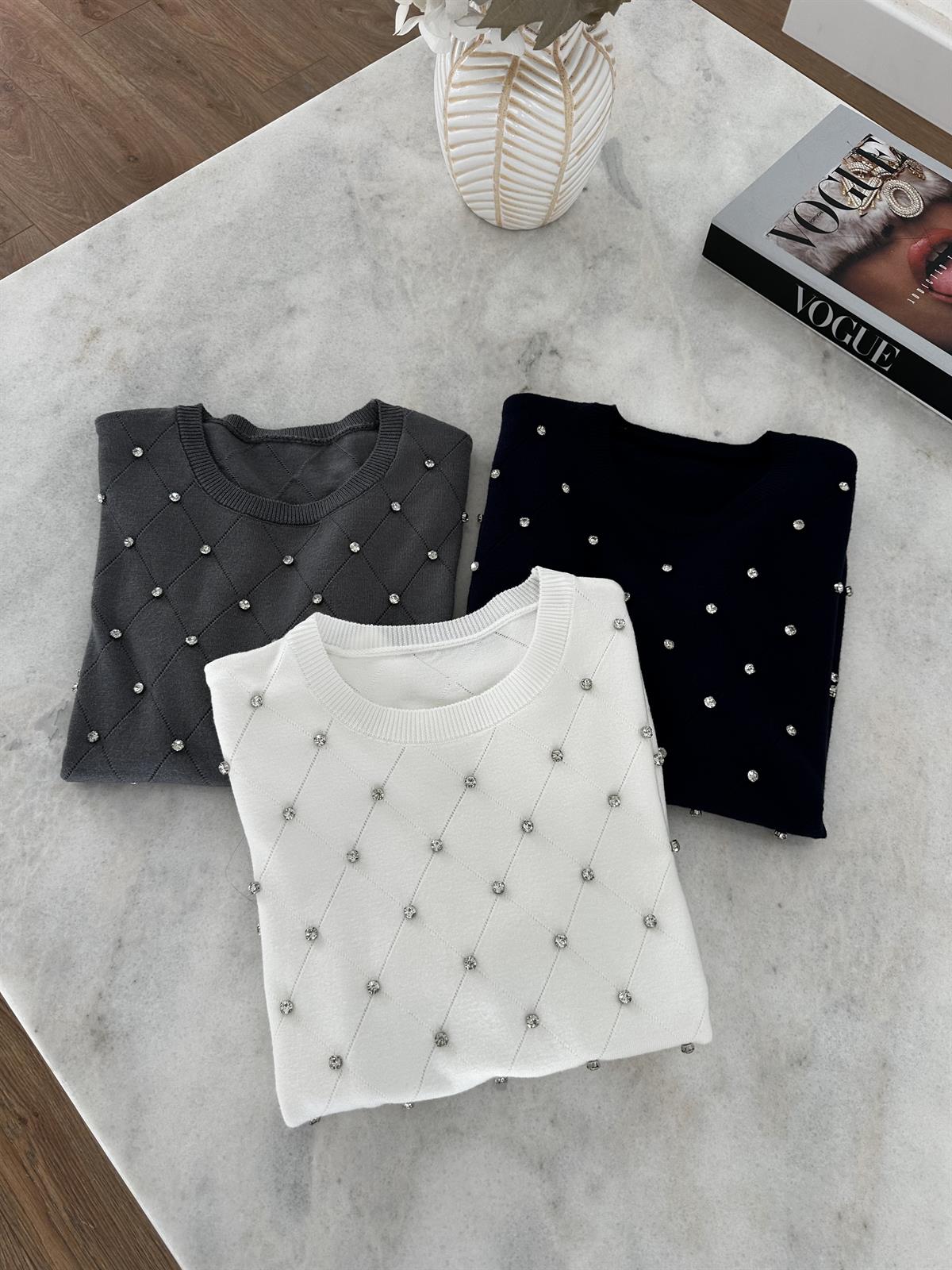 Taş Detaylı Triko - Beyaz