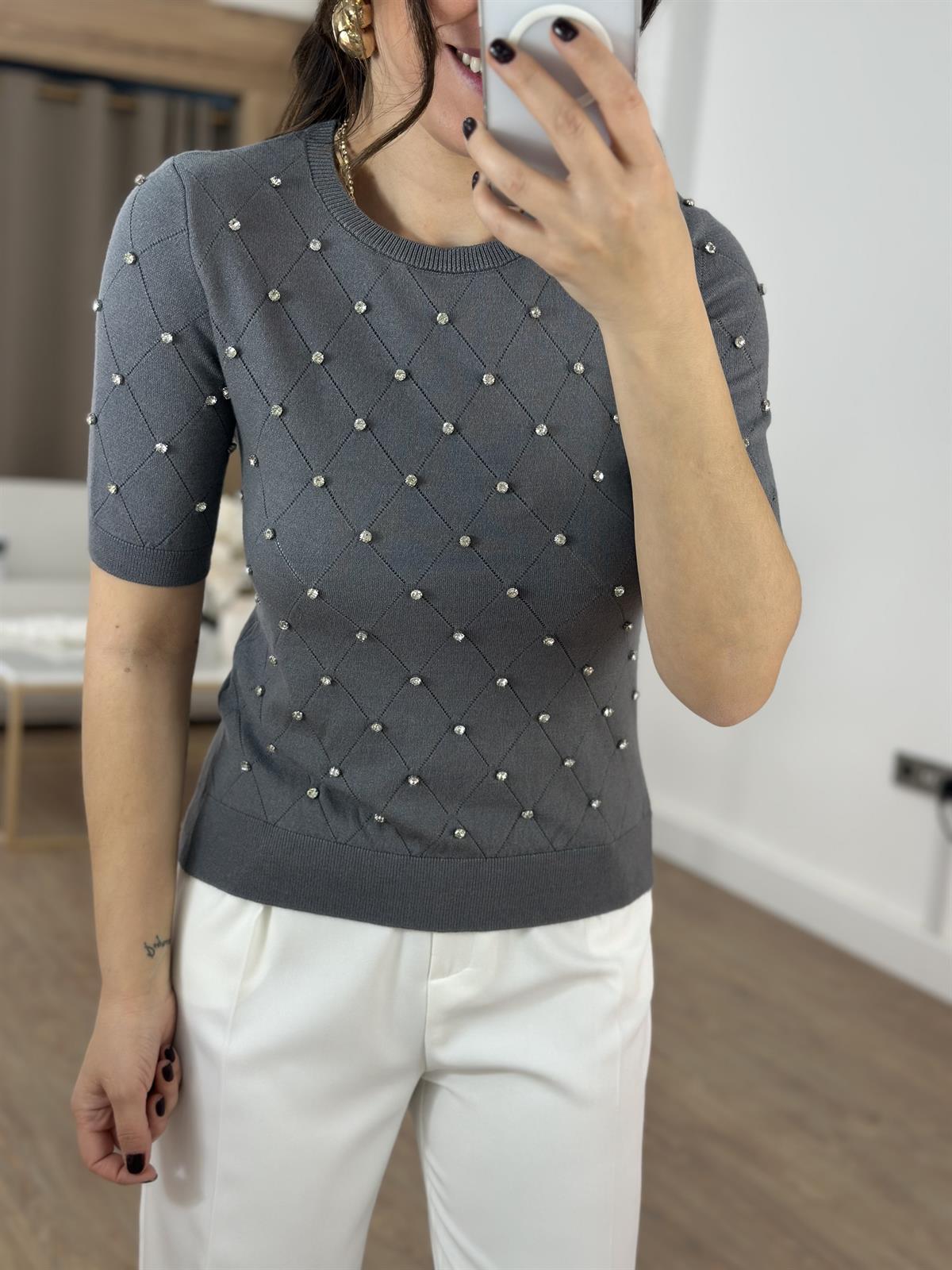 Taş Detaylı Triko - Gri