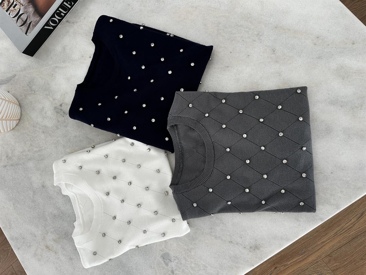 Taş Detaylı Triko - Gri