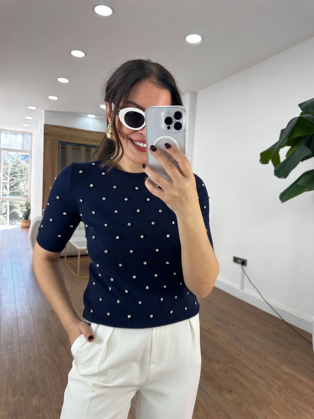 Taş Detaylı Triko - Lacivert