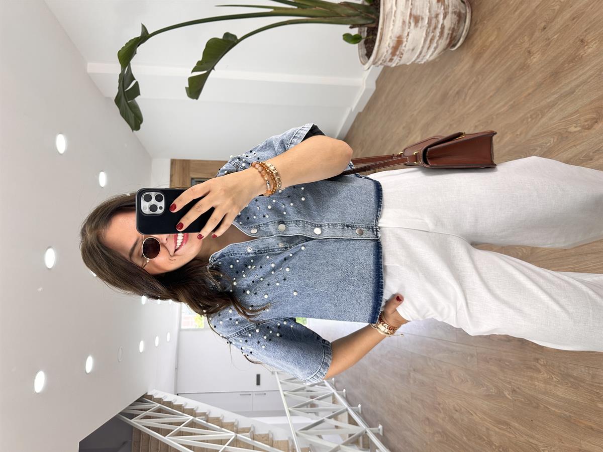 Taş Ve İnci Detaylı Denim Gömlek