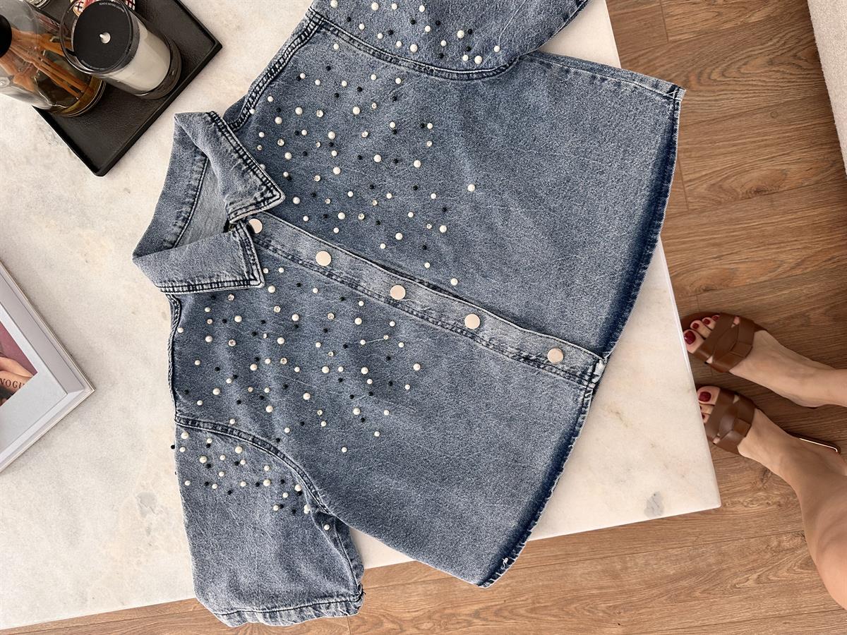 Taş Ve İnci Detaylı Denim Gömlek