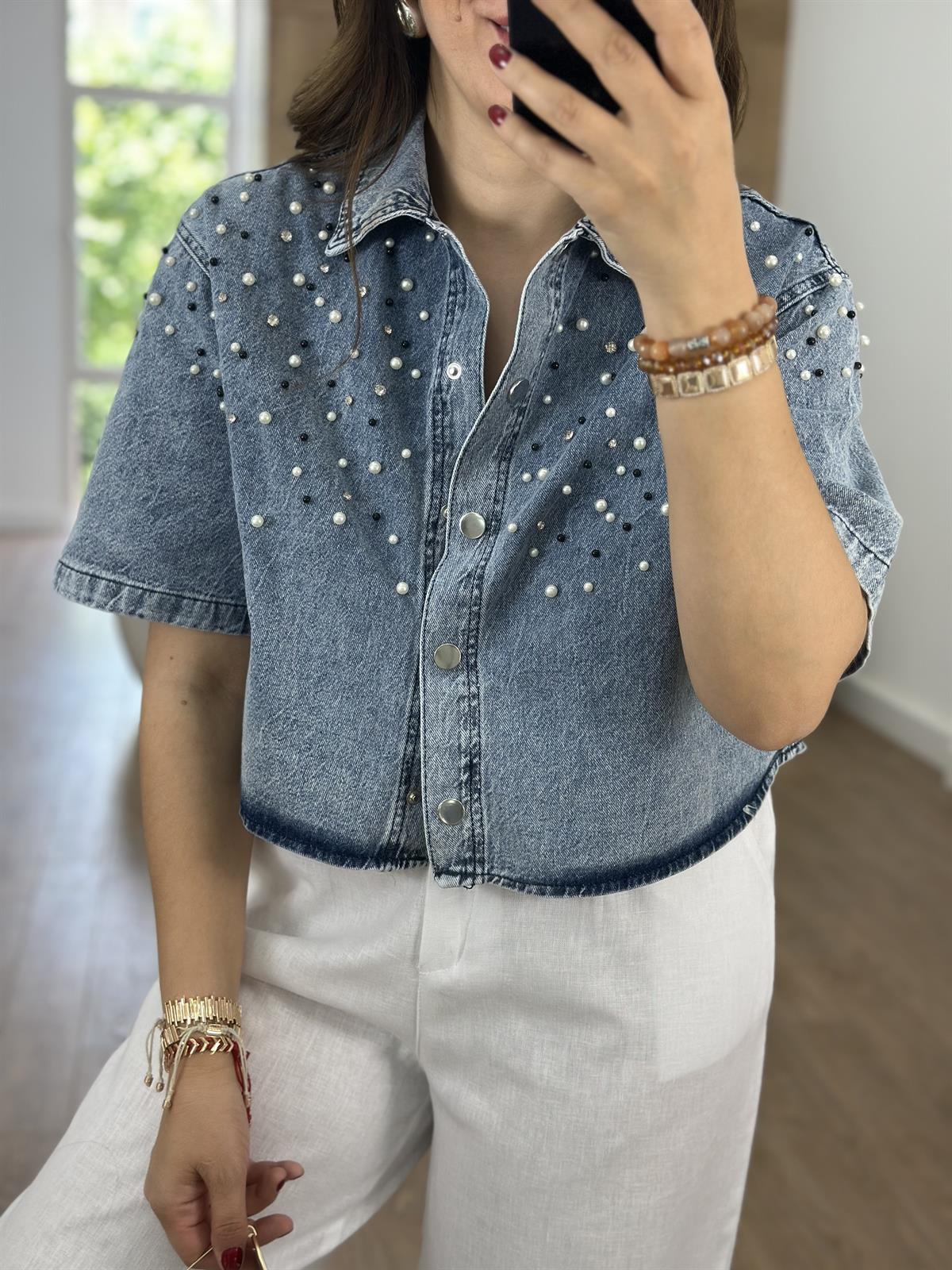 Taş Ve İnci Detaylı Denim Gömlek