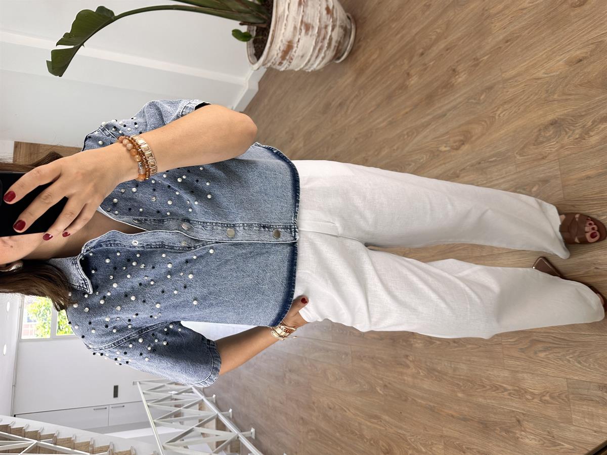Taş Ve İnci Detaylı Denim Gömlek