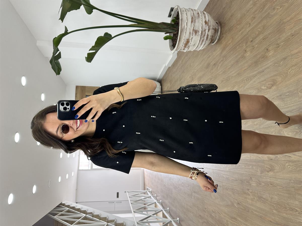 Taş Ve İnci Detaylı Likralı Süet Elbise