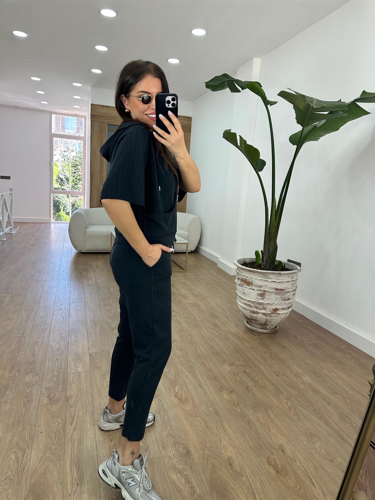 Tasarım Cepli Çizgili Modal Takım