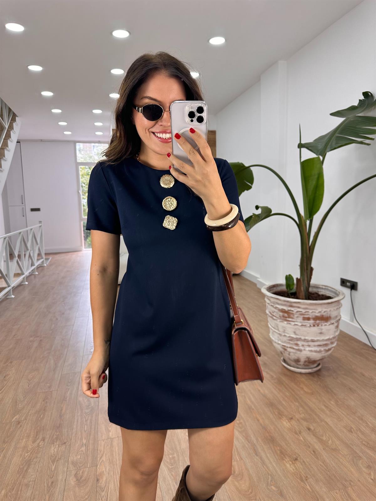 Tasarım Düğme Detaylı Elbise-Lacivert