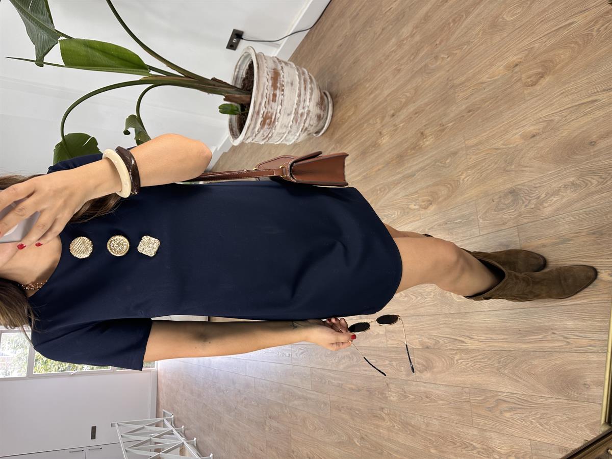 Tasarım Düğme Detaylı Elbise-Lacivert