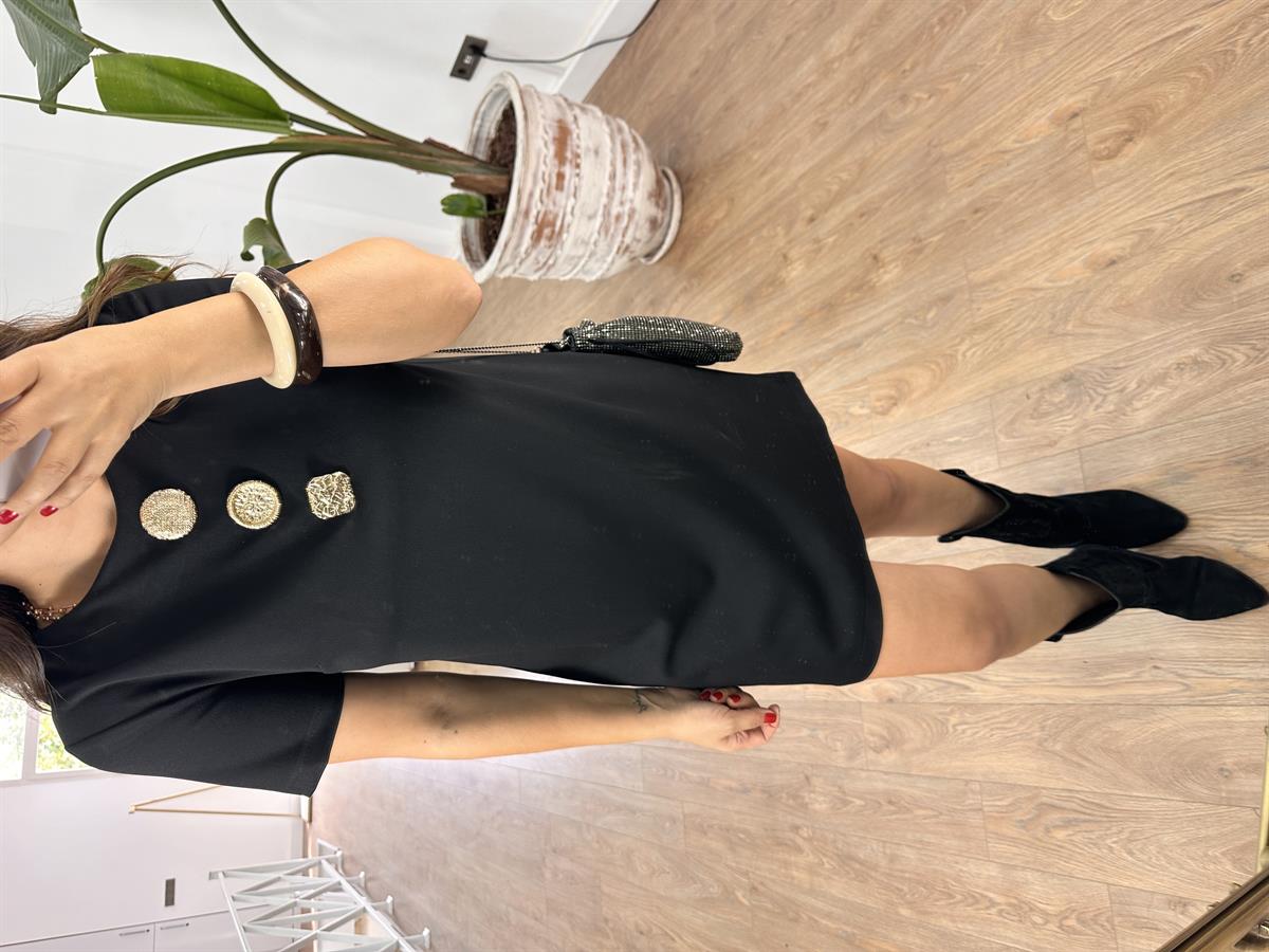 Tasarım Düğme Detaylı Elbise-Siyah