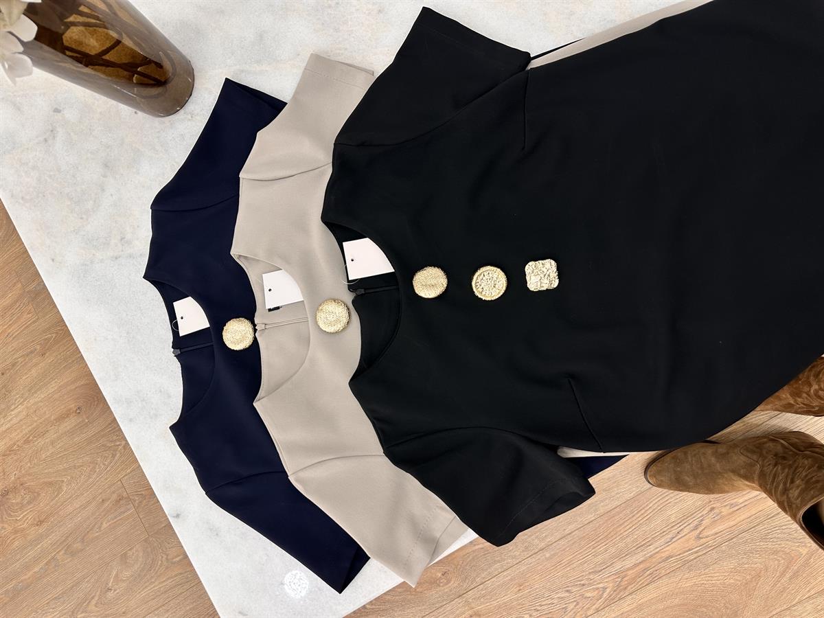 Tasarım Düğme Detaylı Elbise-Taş