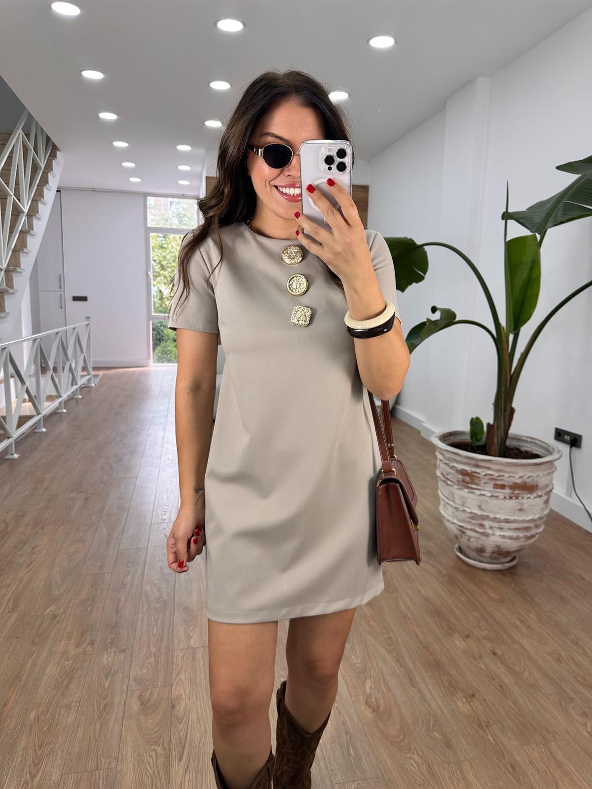 Tasarım Düğme Detaylı Elbise-Taş