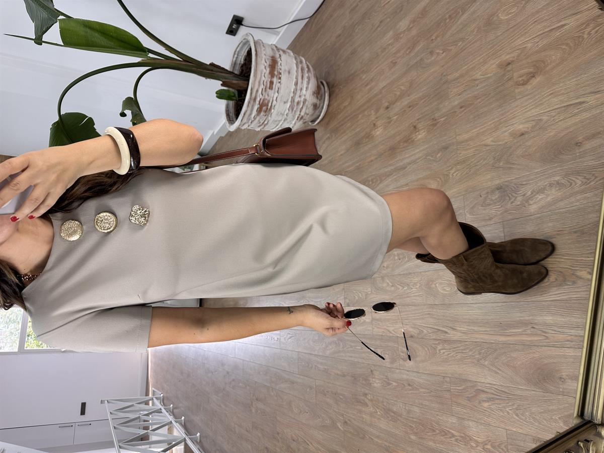 Tasarım Düğme Detaylı Elbise-Taş