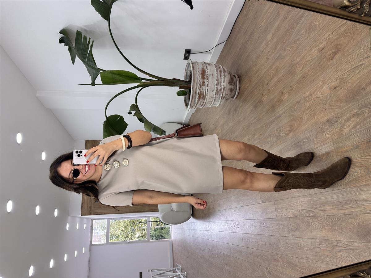 Tasarım Düğme Detaylı Elbise-Taş