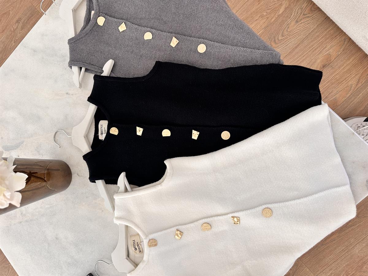 Tasarım Düğmeli Triko Yelek - Gri