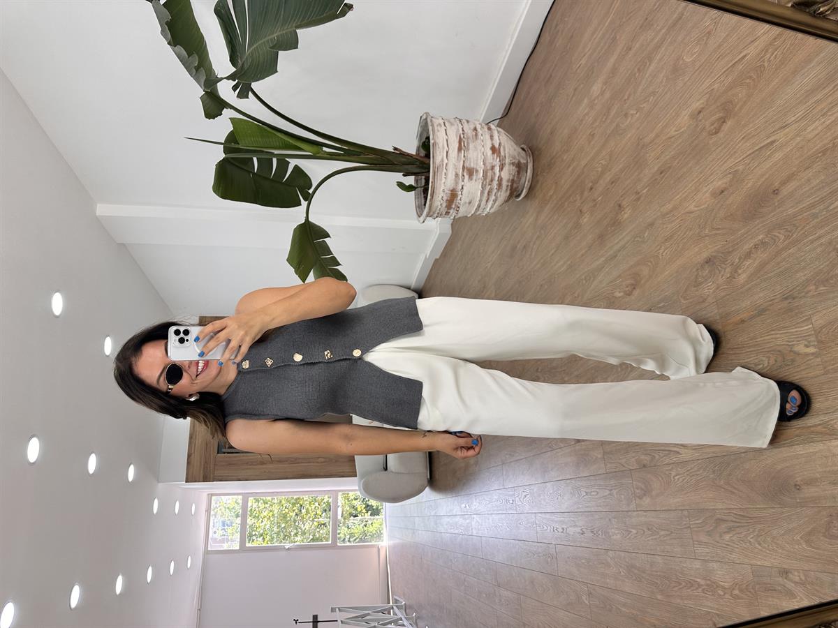 Tasarım Düğmeli Triko Yelek - Gri