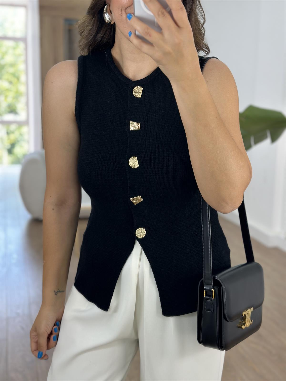 Tasarım Düğmeli Triko Yelek - Siyah