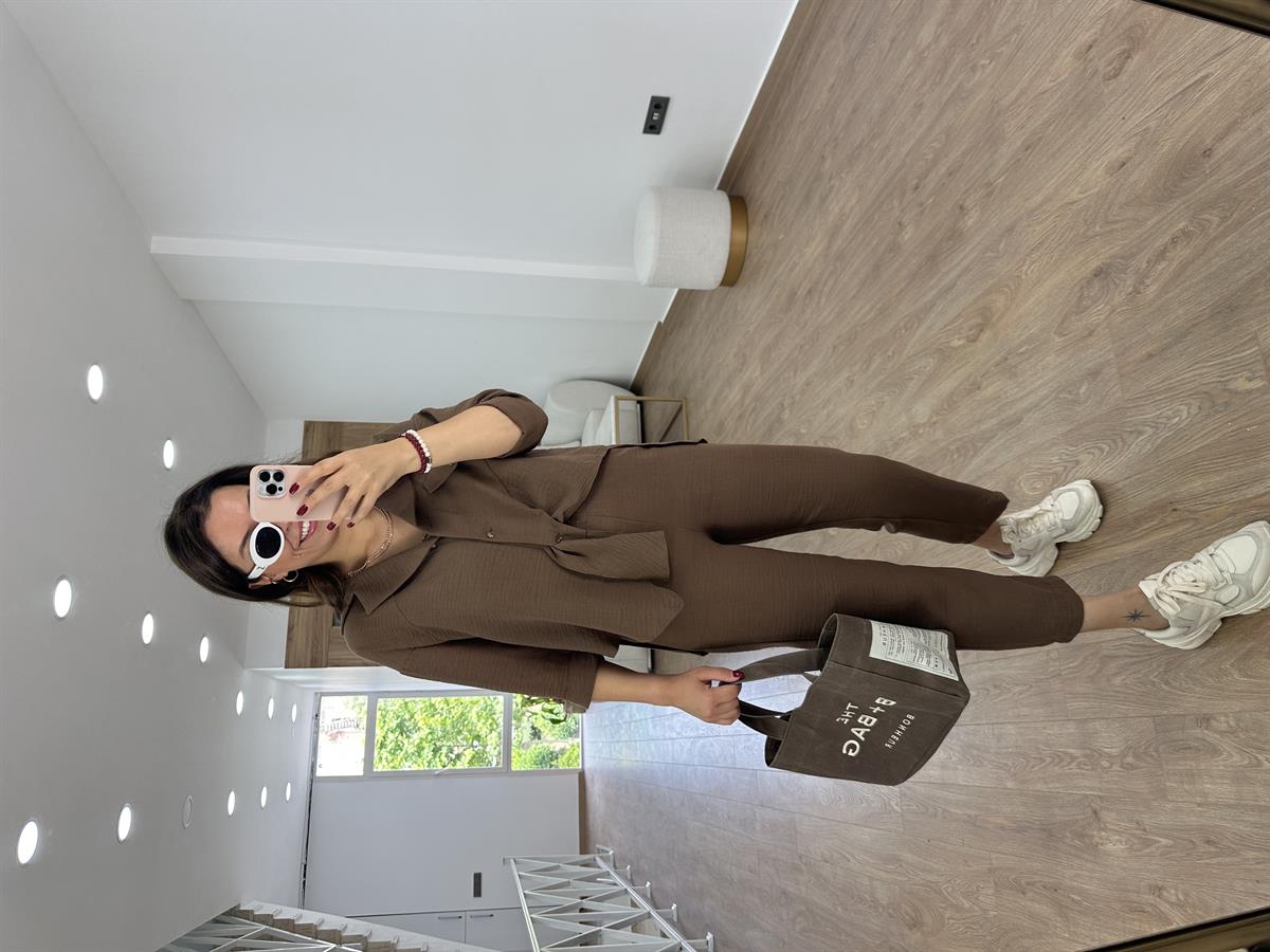 Tasarım Gömlekli Keten Takım-Kahve