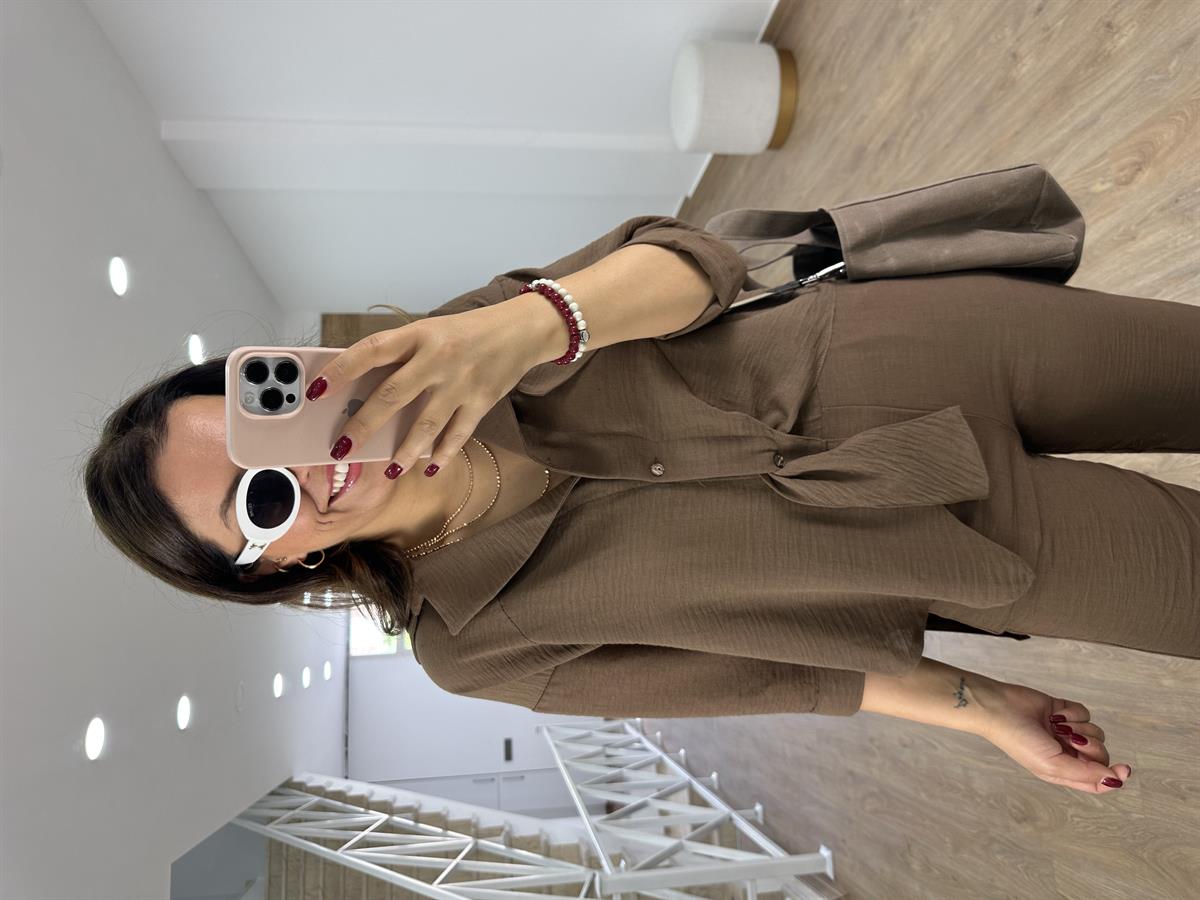 Tasarım Gömlekli Keten Takım-Kahve