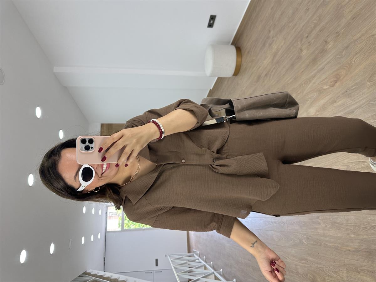 Tasarım Gömlekli Keten Takım-Kahve